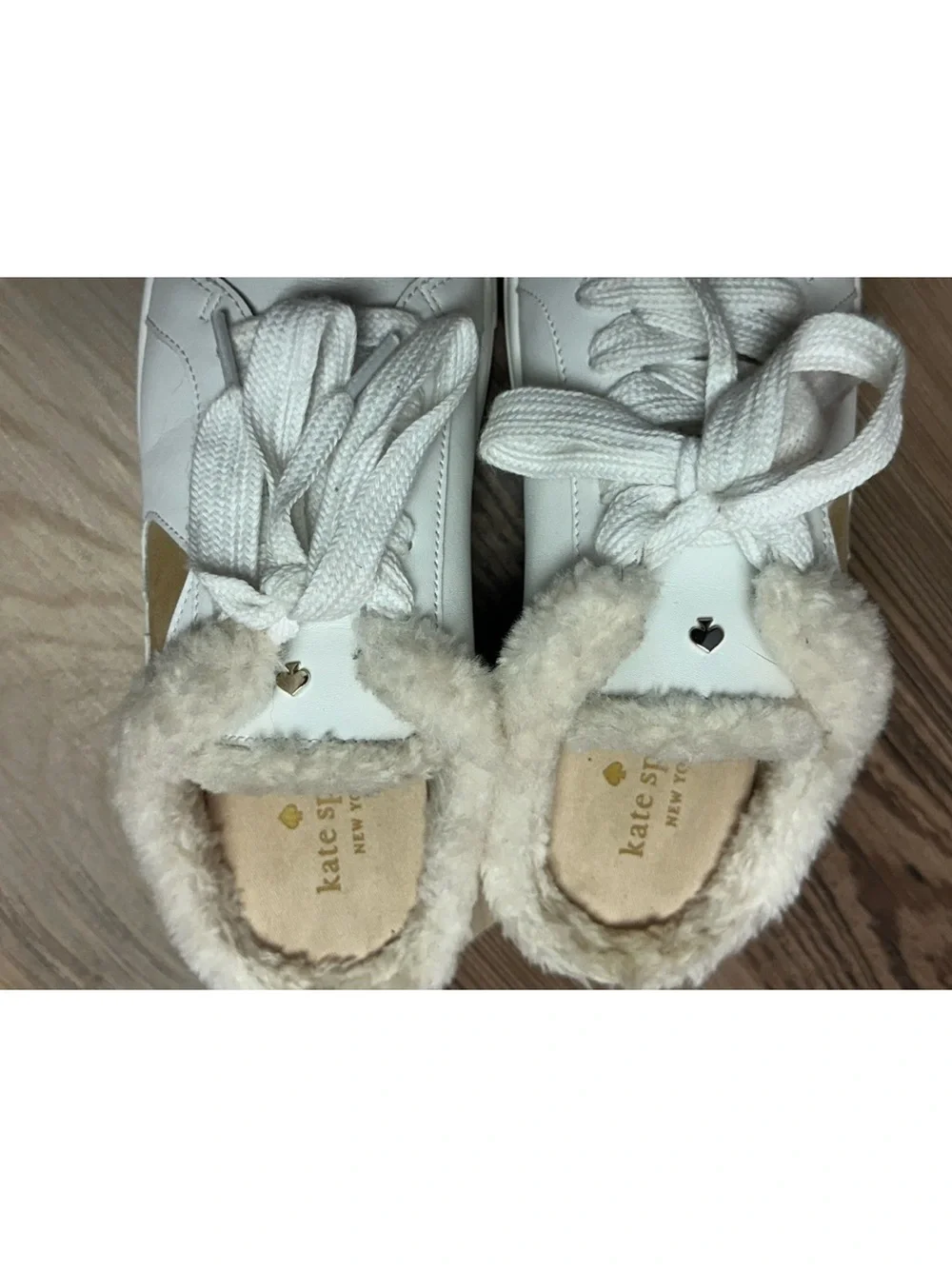 Kate Spade Fez Mule Faux Fur Wht Large Logo Leather Slip On Shoes Women Size 9B